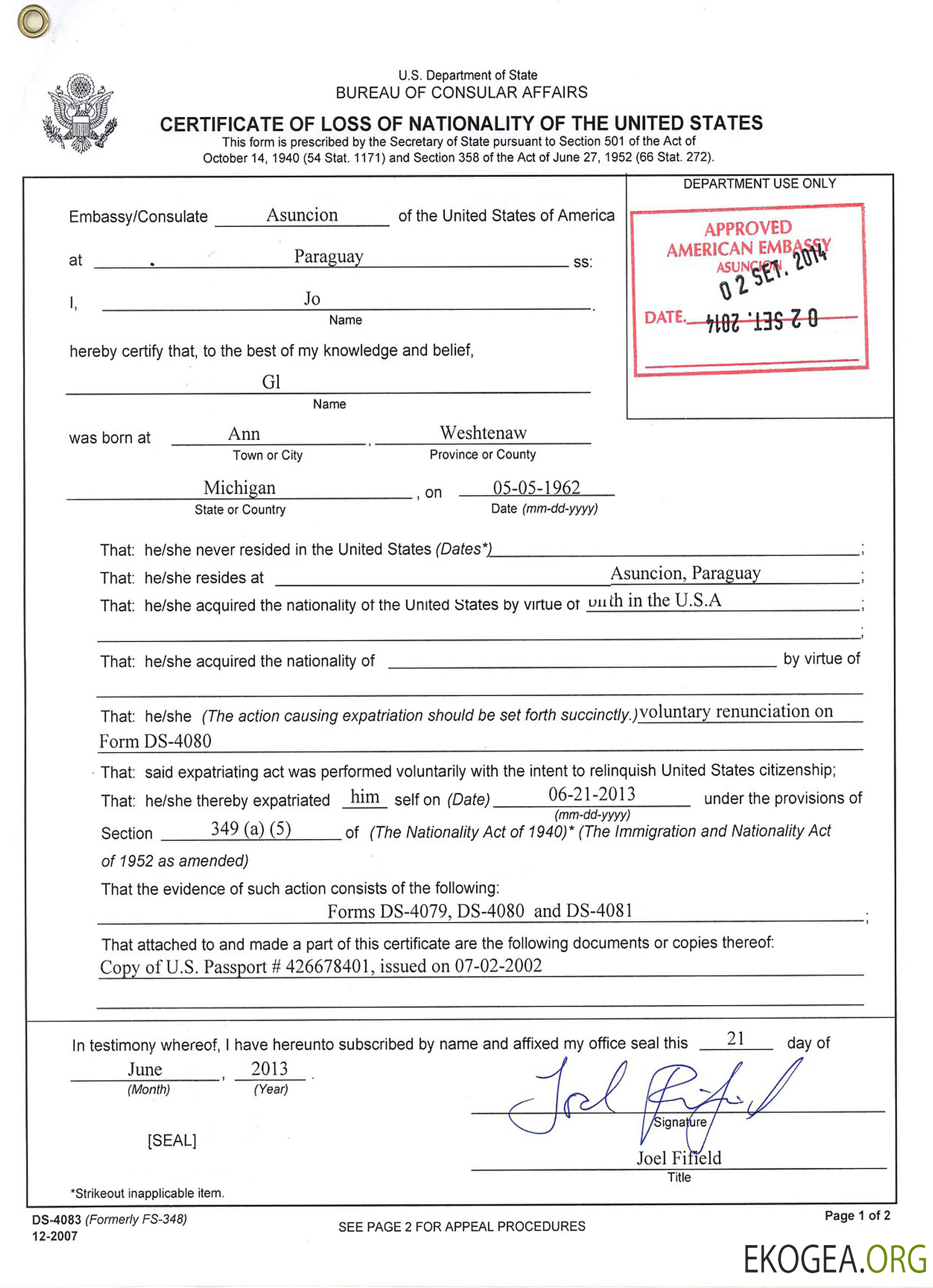 Certificat américain de perte de nationalité